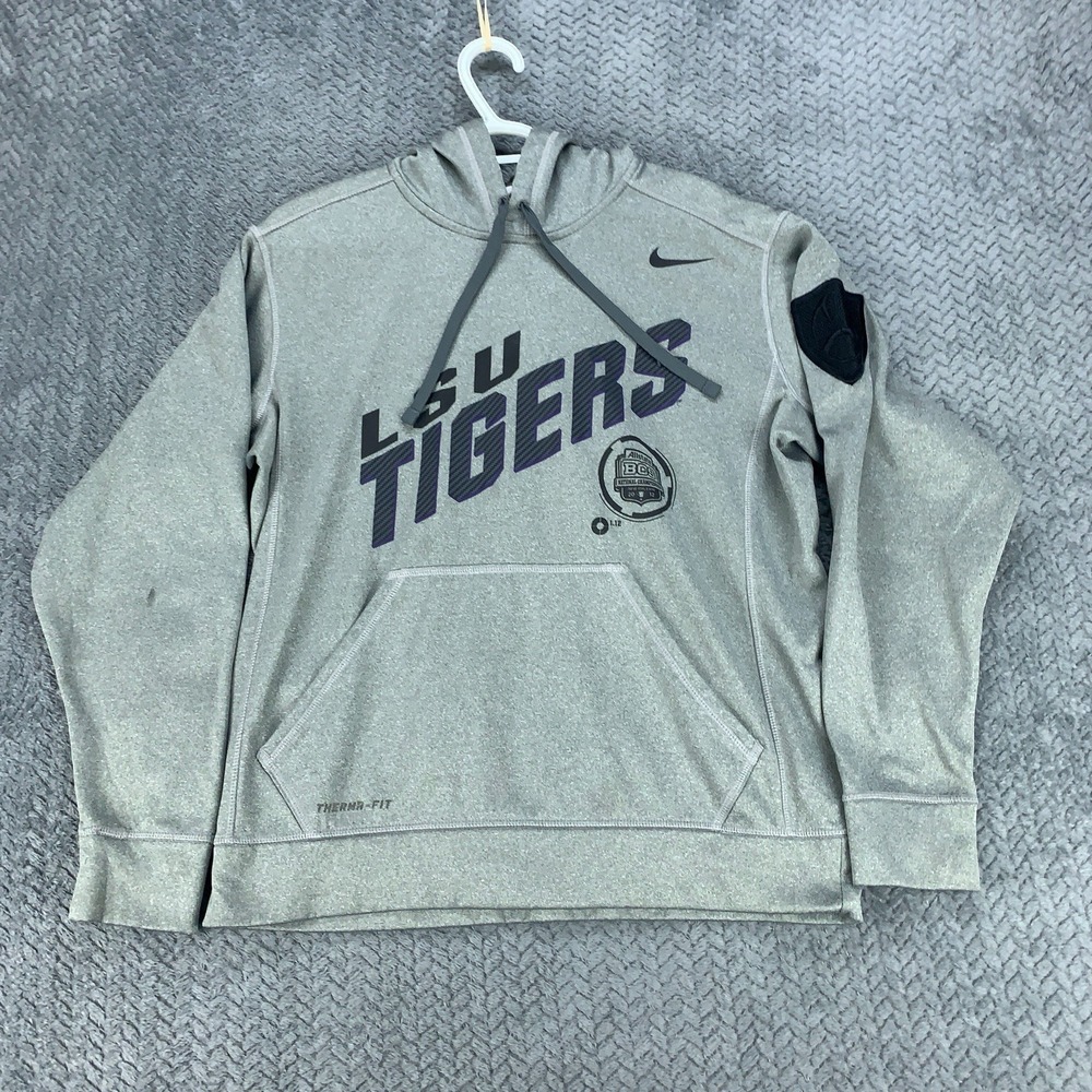 Nike LSU Tigers Hoodie Men's Medium Gray Pullover Therma-Fit 2012 Championship